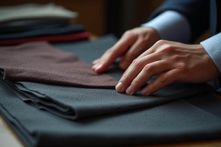 Close up of hands feeling suit fabric samples, representing quality and texture